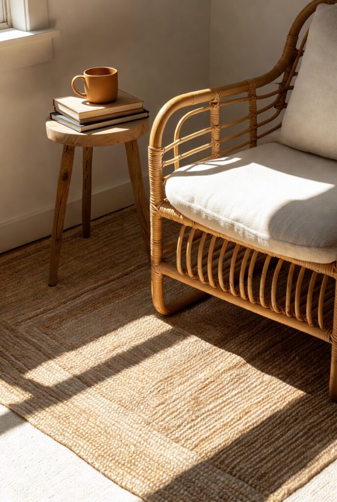 Jute Rug + Rattan Accent Chair for a Reading Corner