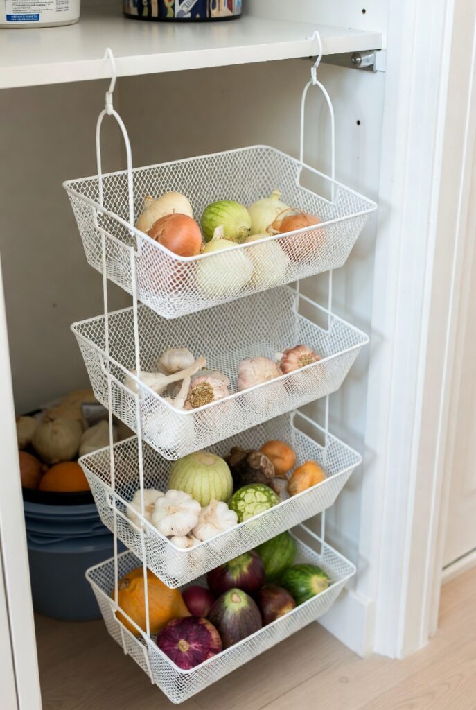 Hang a Tiered Basket System From the Ceiling or Shelf Underside