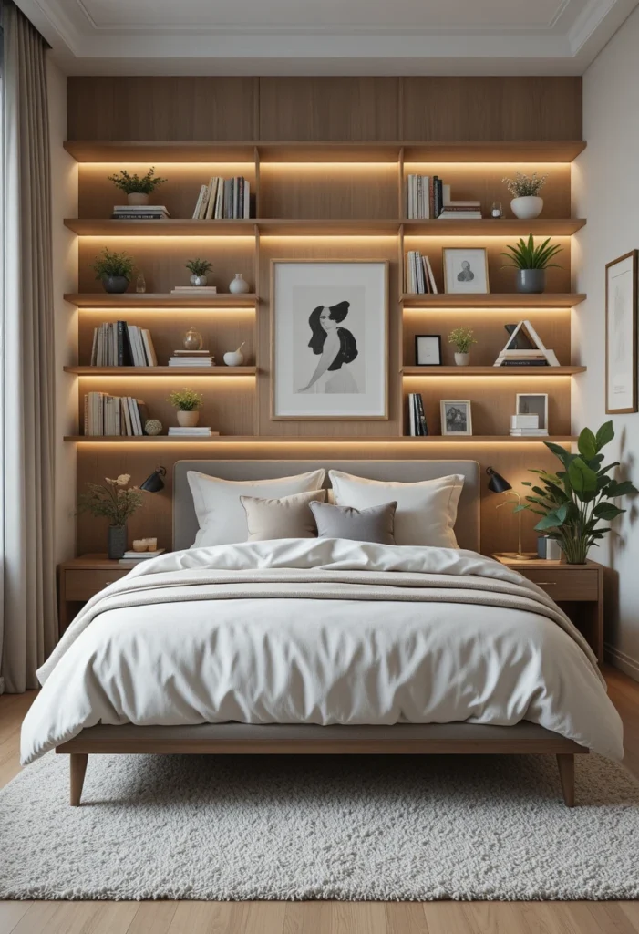  Add a Floating Shelf Wall Behind the Bed