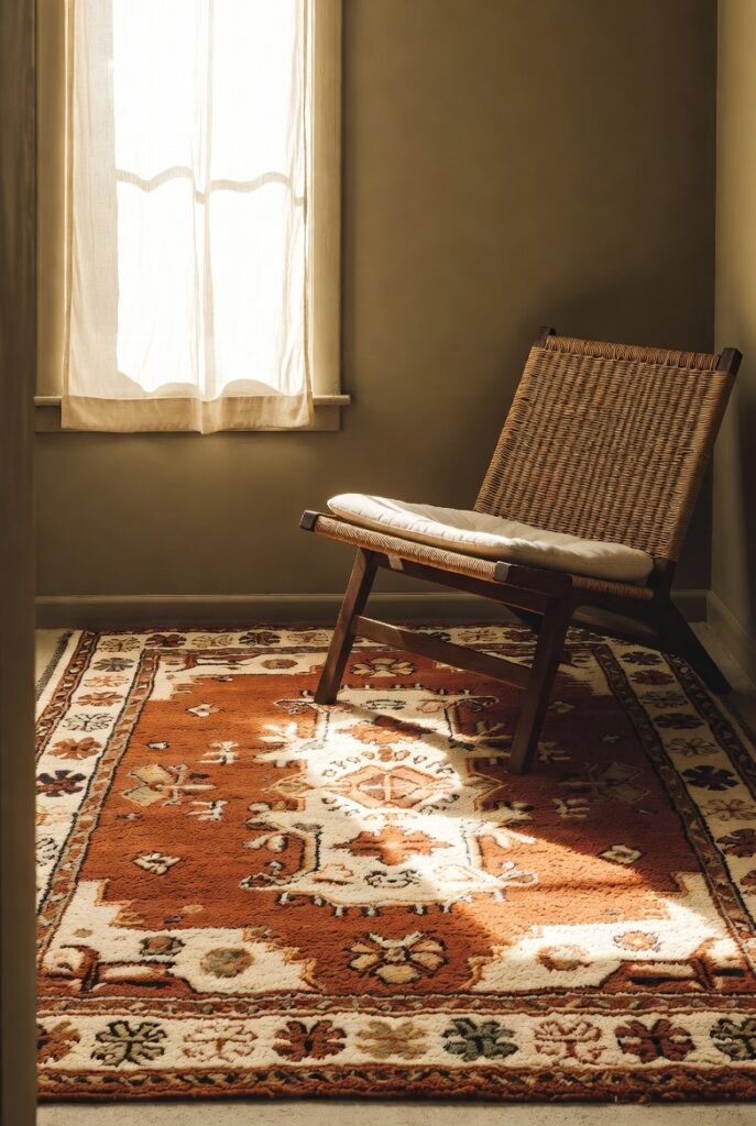 Kilim-Style Rug + Wicker Lounge Chair for a Boho Entry