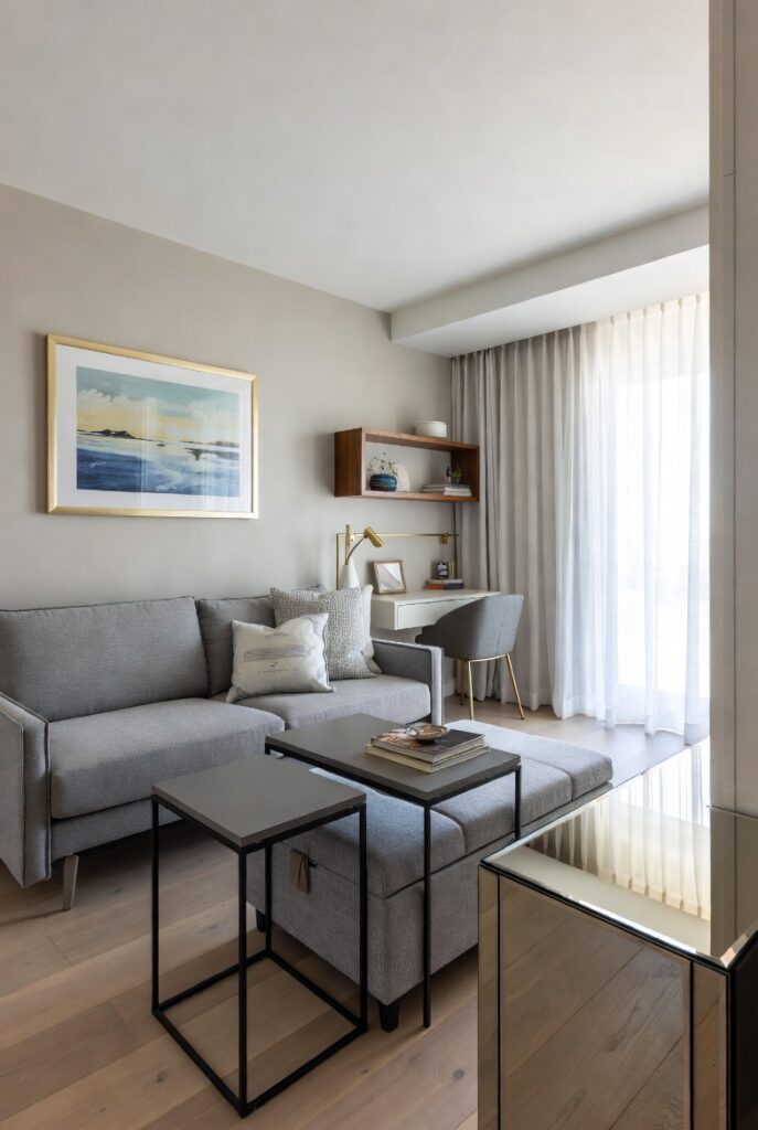 Tiny space furniture ideas including sleeper sofa, storage ottoman, and mirrored console for small rooms