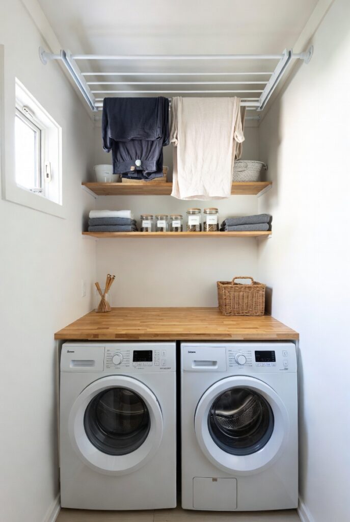 Tiny laundry room ideas with stacked washer dryer, open shelving, and space-saving storage solutions
