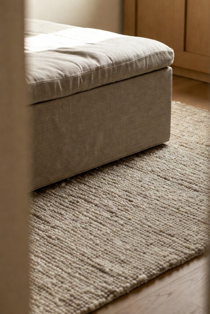 Neutral Wool Rug + Storage Ottoman for Multi-Use Living Rooms