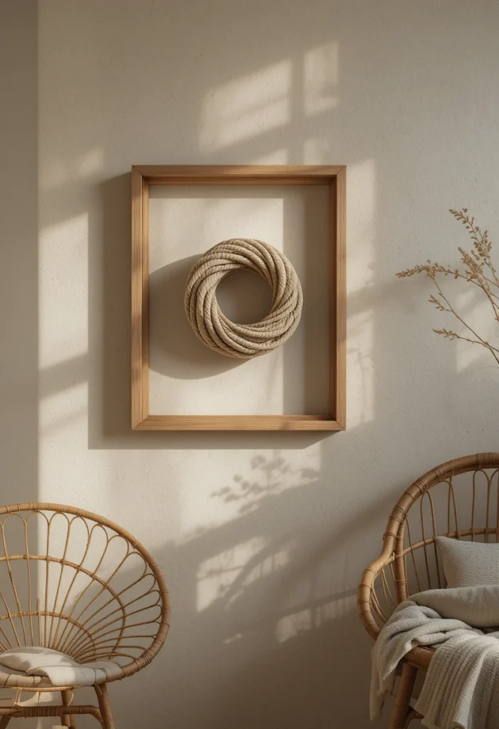 Rope and Fiber Textural Art. A length of rope, framed and left in a raw, neutral material, brings texture to your décor for very little cost and works especially well as a boho accent piece. Living Spaces