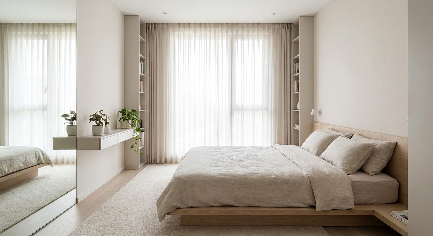 Small bedroom decorated with light colors and space-saving furniture to feel bigger