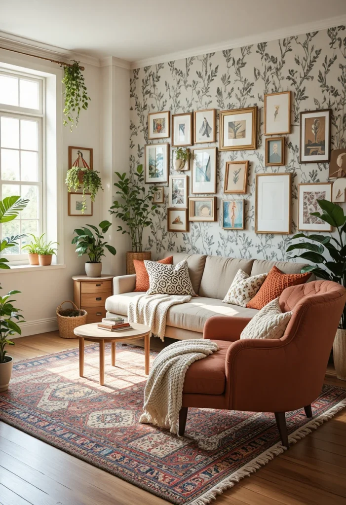 Rental apartment decor ideas with layered rugs, peel-and-stick wallpaper, and space-saving furniture