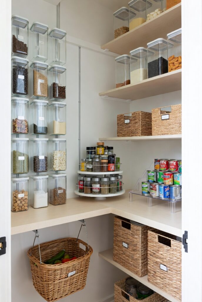 Tiny pantry organization ideas with clear containers, labeled bins, and vertical wall storage solutions