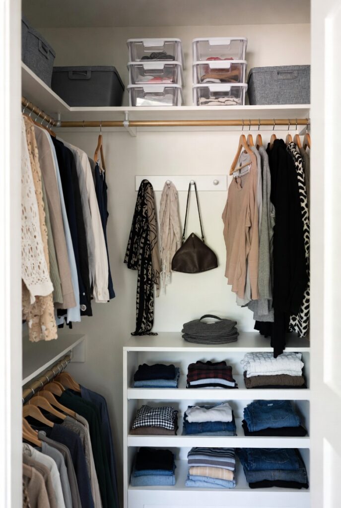 Tiny closet organization ideas with maximized hanging space, shelving, and clever storage solutions