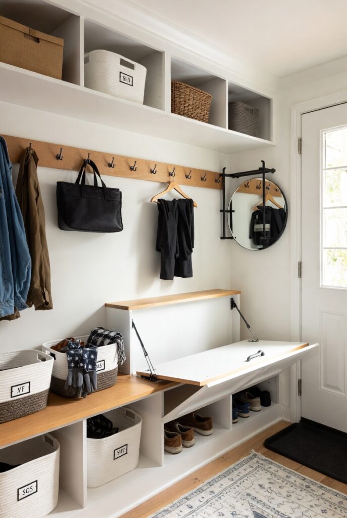 Tiny mudroom ideas with peg rails, storage benches, and vertical wall organization solutions