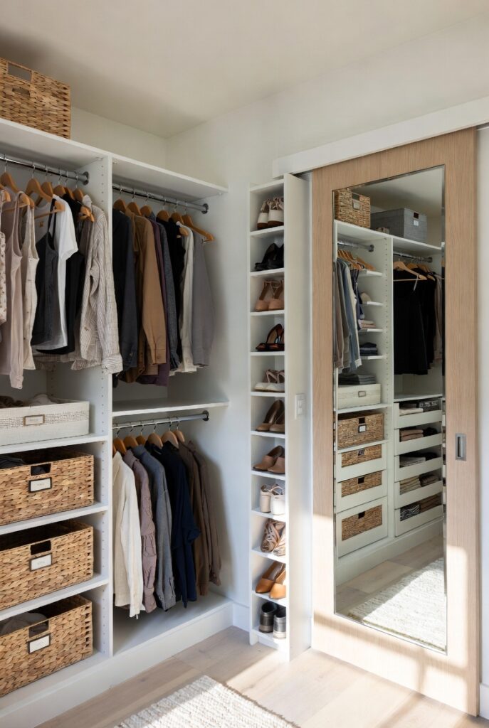 Tiny walk-in closet ideas with double hanging rods, vertical shelving, and smart storage solutions