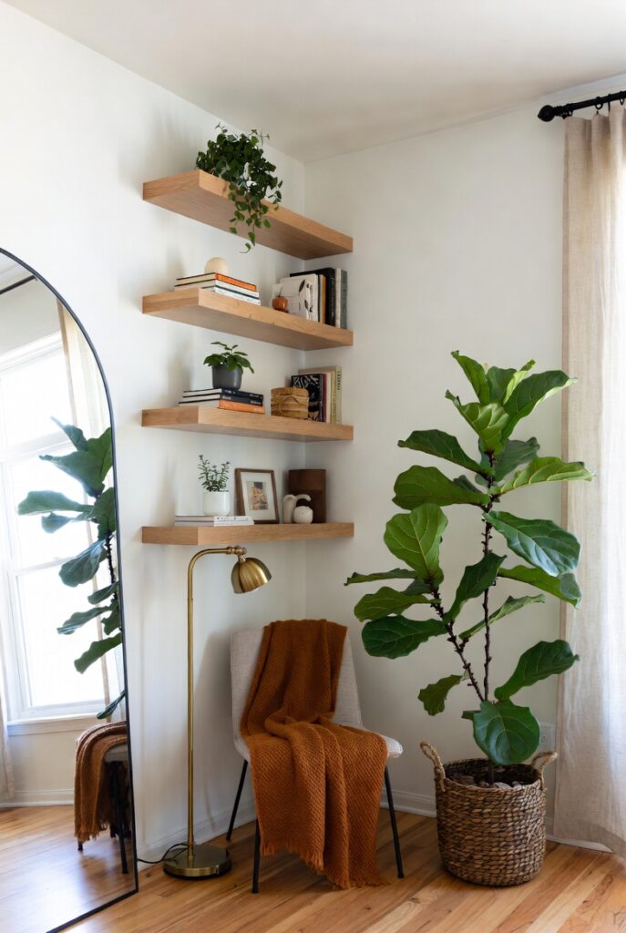Tiny corner decor ideas with floating shelves, reading nook, and statement floor plant styling