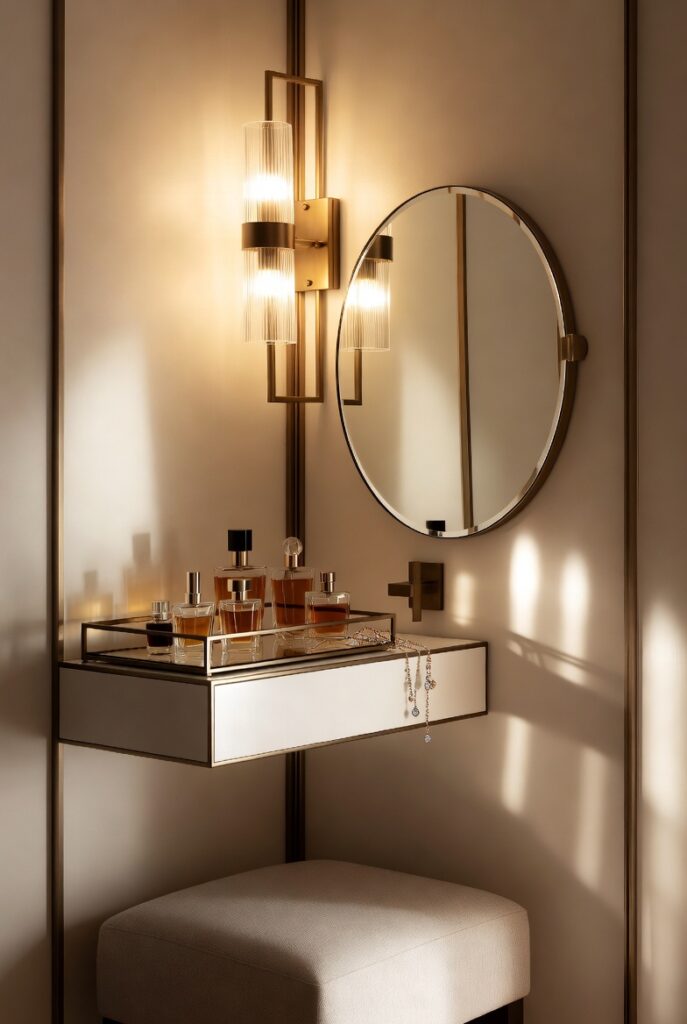 Tiny vanity ideas with floating shelves, mirrored trays, and glamorous small space styling