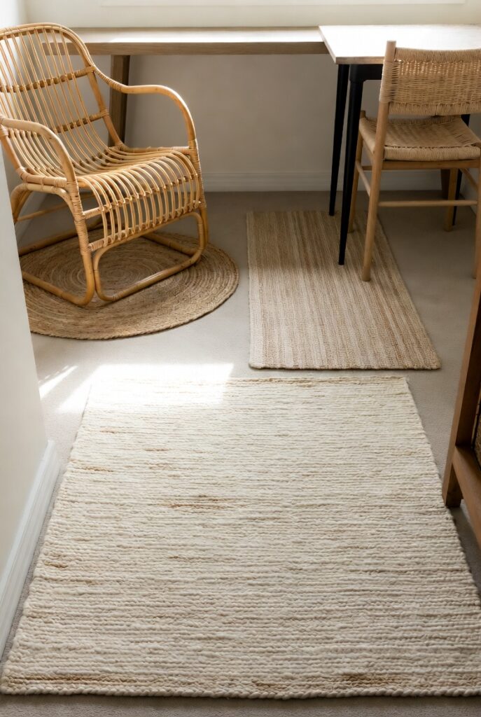 Tiny space rug ideas paired with furniture like rattan chairs, bistro tables, and console tables