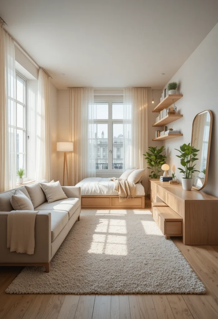 Tiny studio apartment ideas with floating furniture, sheer curtain dividers, and space-saving storage