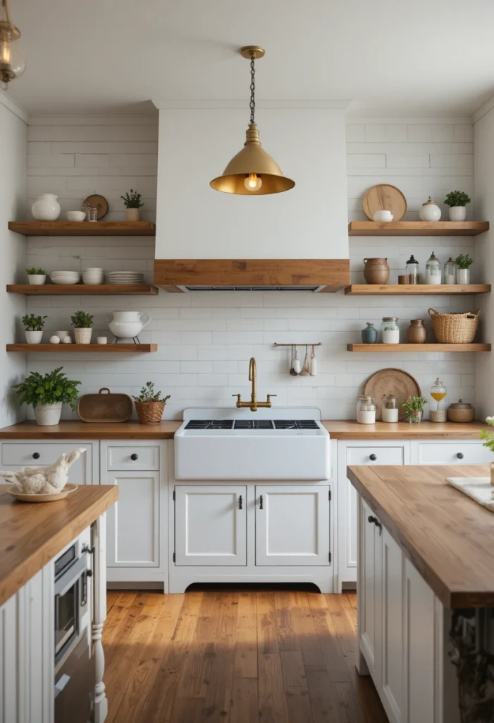Farmhouse kitchen decor ideas with open shelving, farmhouse sink, and rustic wood accents