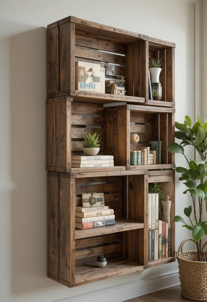 Stack Wooden Crates Into Wall Shelving