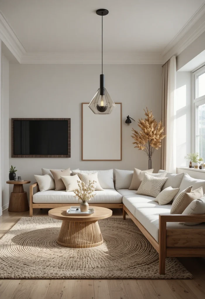 "Minimalist Scandinavian living room with neutral tones, natural wood, and modern home decor styling"