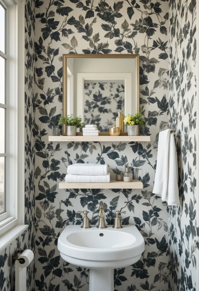 Vine Wallpaper Behind Open Shelving or a Mirror Frame