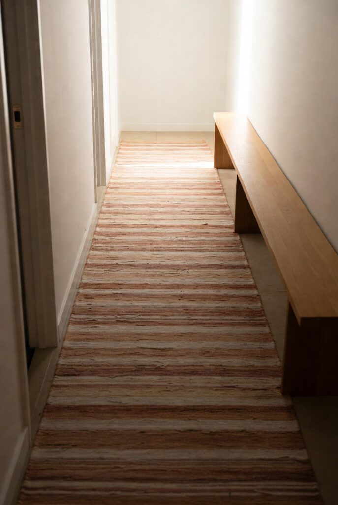 Striped Rug + Narrow Bench for a Long Hallway