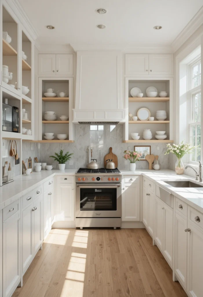 Tiny kitchen ideas with tall cabinets, open shelving, and a light color palette for a spacious feel