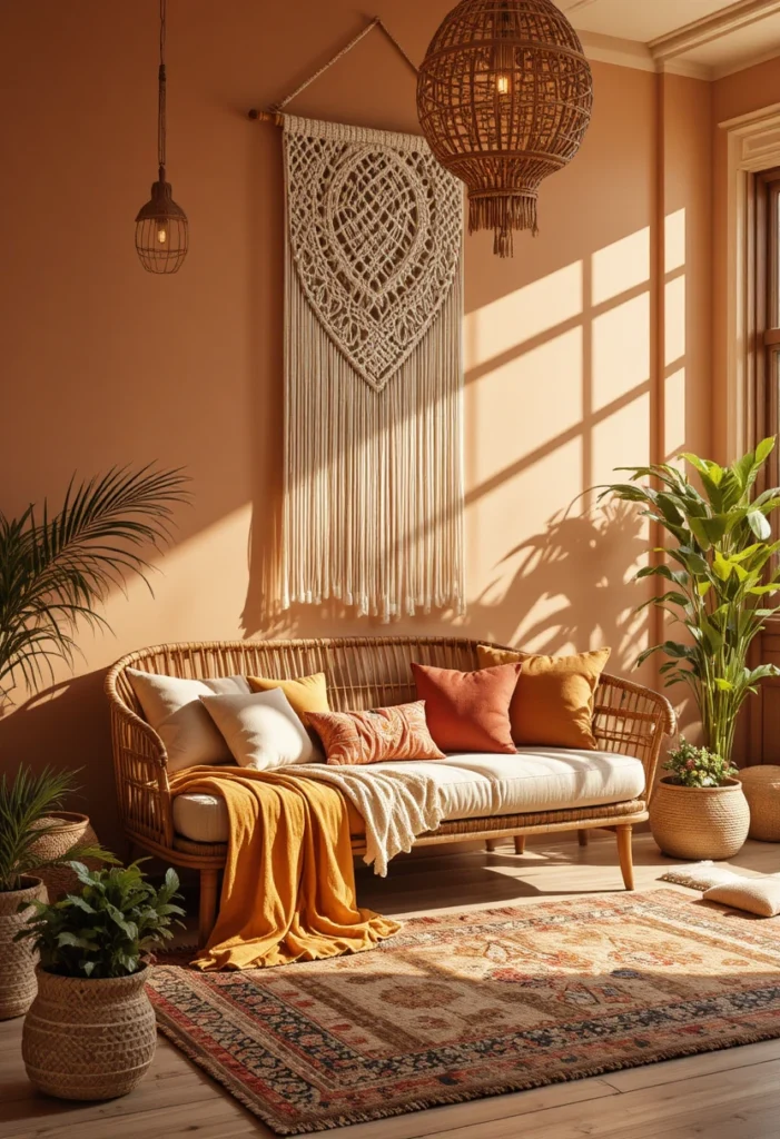 Boho chic decor with rattan furniture, macrame wall art, and warm earthy tones for an eclectic escape