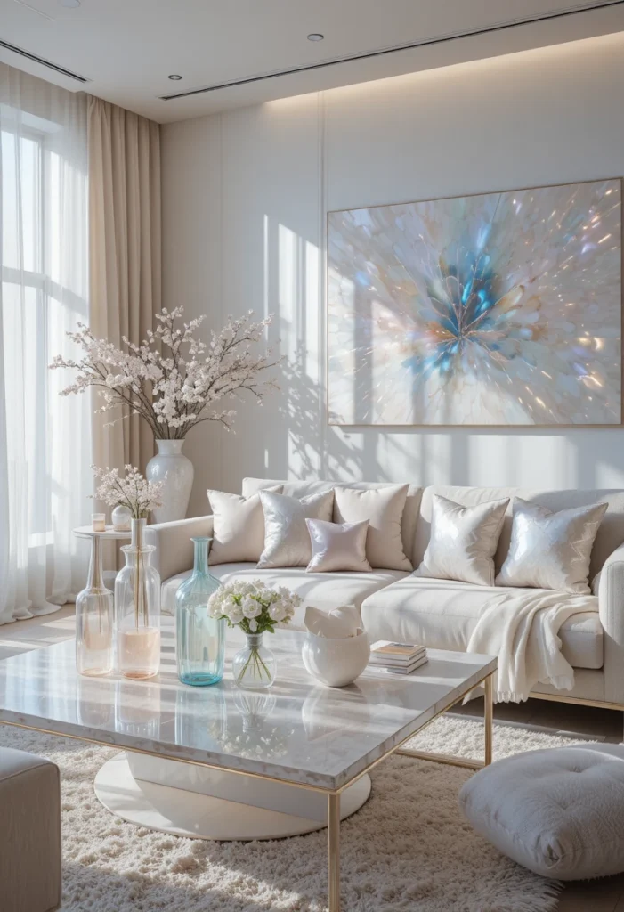 Opalescent home decor ideas with iridescent accents, shimmering textures, and dreamy living room styling
