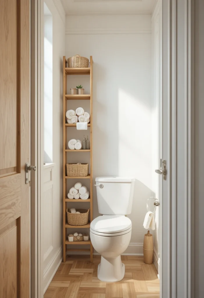 Use a Vertical Ladder Shelf or Over-the-Toilet Cabinet