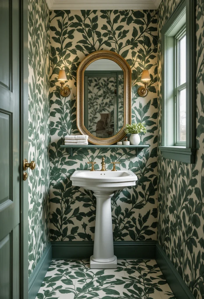 Vine wallpaper powder room design ideas with botanical patterns and elegant small bathroom styling