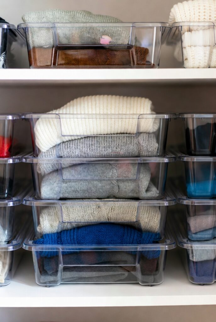Use Clear, Stackable Bins for Folded Items