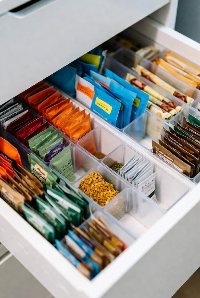 Use Drawer Organizers for Packets and Small Items