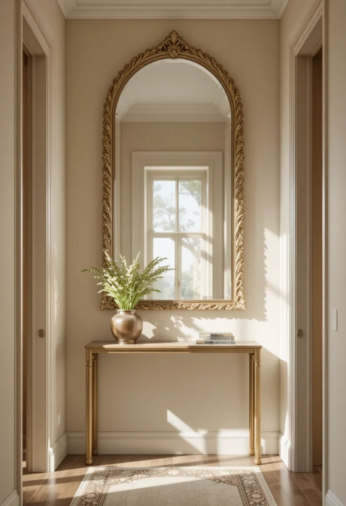 13 hallway wall decor ideas featuring a statement mirror, gallery wall, floating shelves, and layered art displays