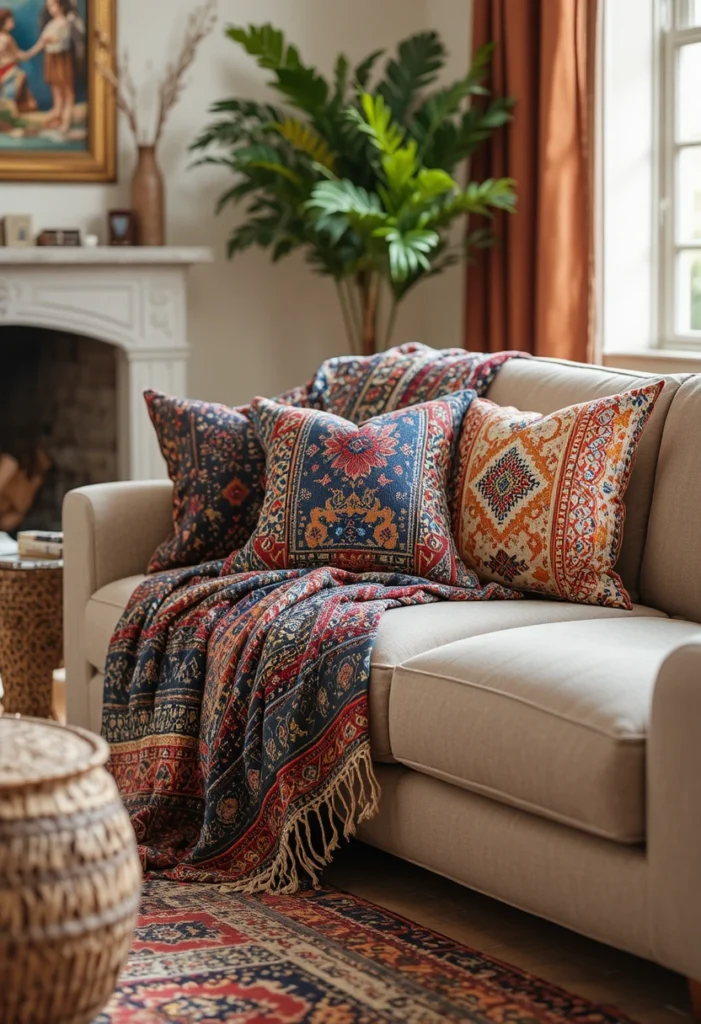 Eclectic living room decor with layered textures, mixed furniture styles, and curated vintage accents