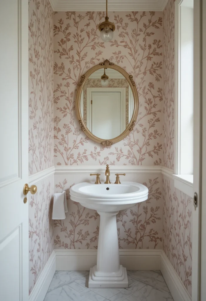 Blush and Sage Vine for a Soft, Feminine Powder Room
