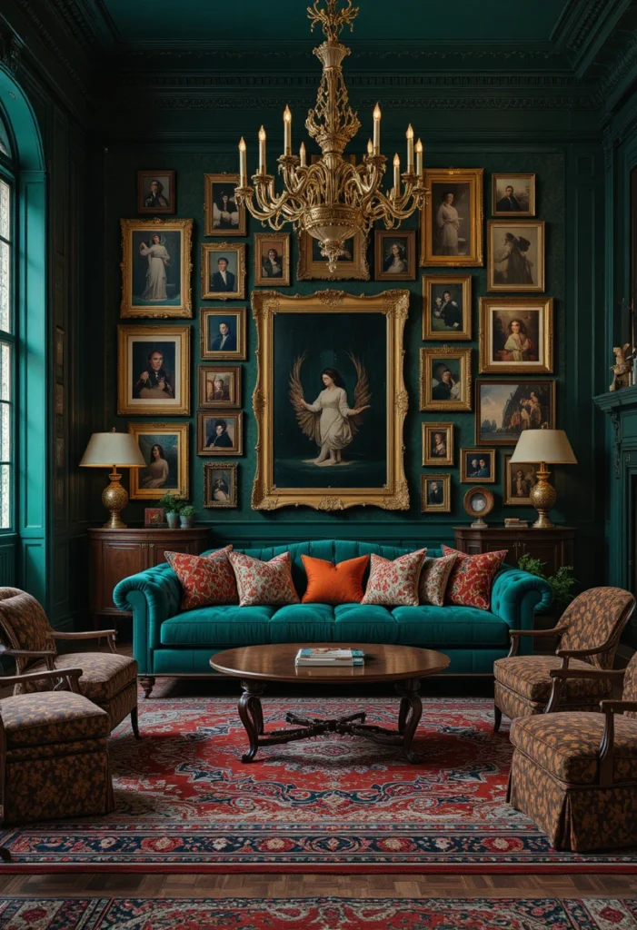 Eclectic maximalist living room decor with bold colors, layered patterns, and curated vintage pieces