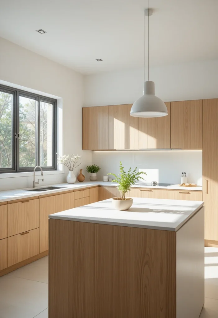 Minimalist kitchen decor with clean countertops, neutral tones, and a calm clutter-free design