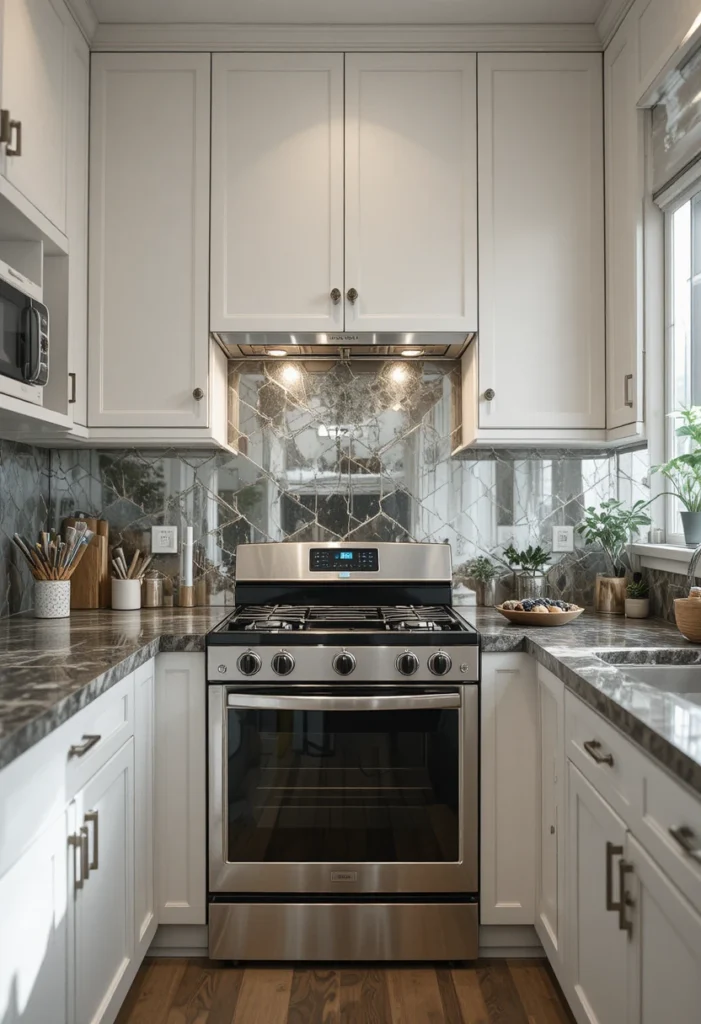 Add a Mirrored or Reflective Backsplash