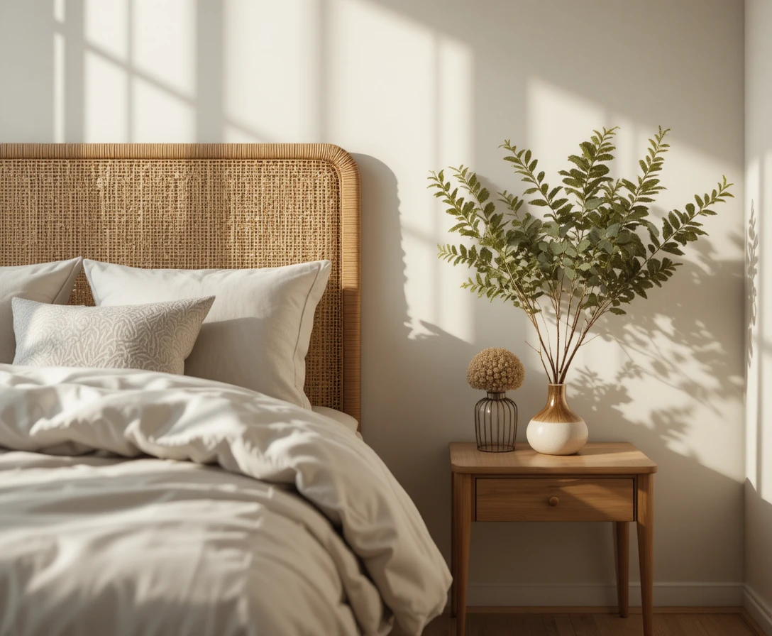 Bedroom decor with soft neutral bedding and warm lamp light