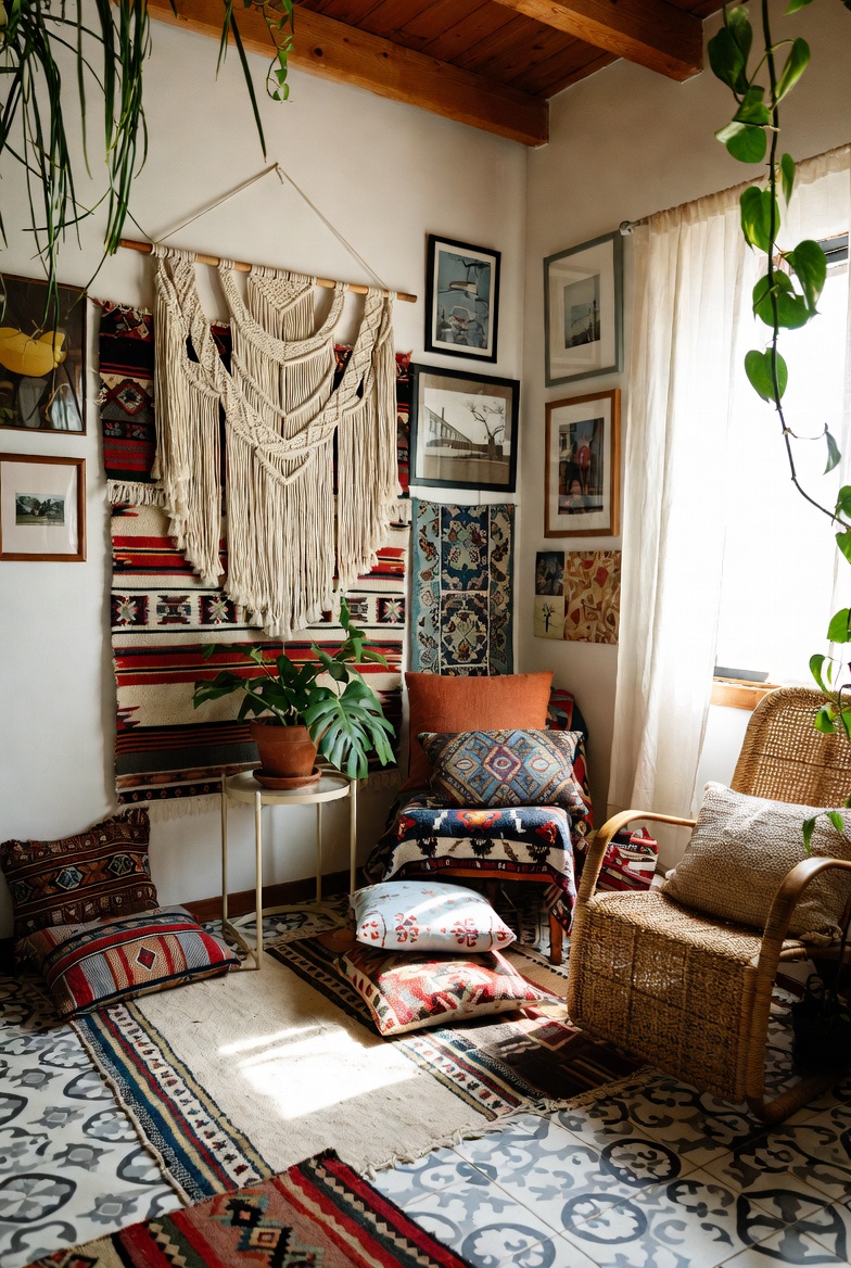 Boho and eclectic decor with layered textiles and macrame