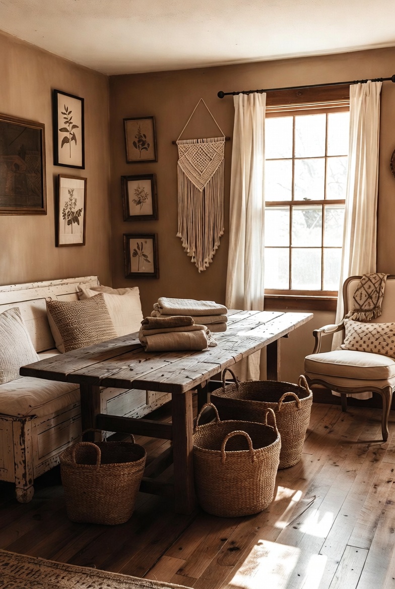 Farmhouse and rustic decor with reclaimed wood and woven baskets