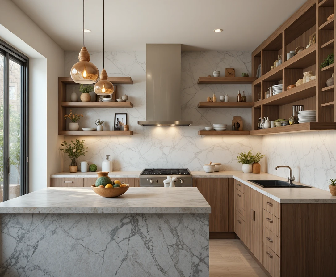 Kitchen decor with open wood shelving and warm pendant lighting