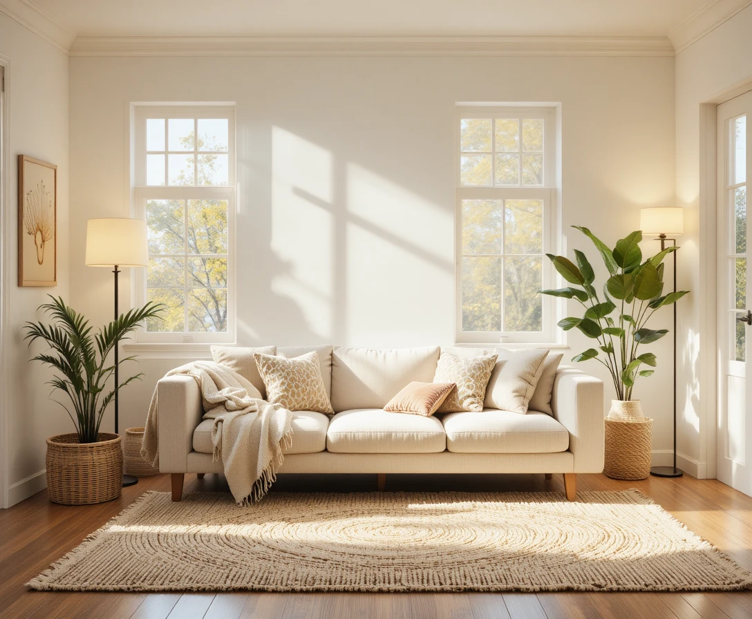 Living room decor with layered rugs, neutral sofa, and warm lighting