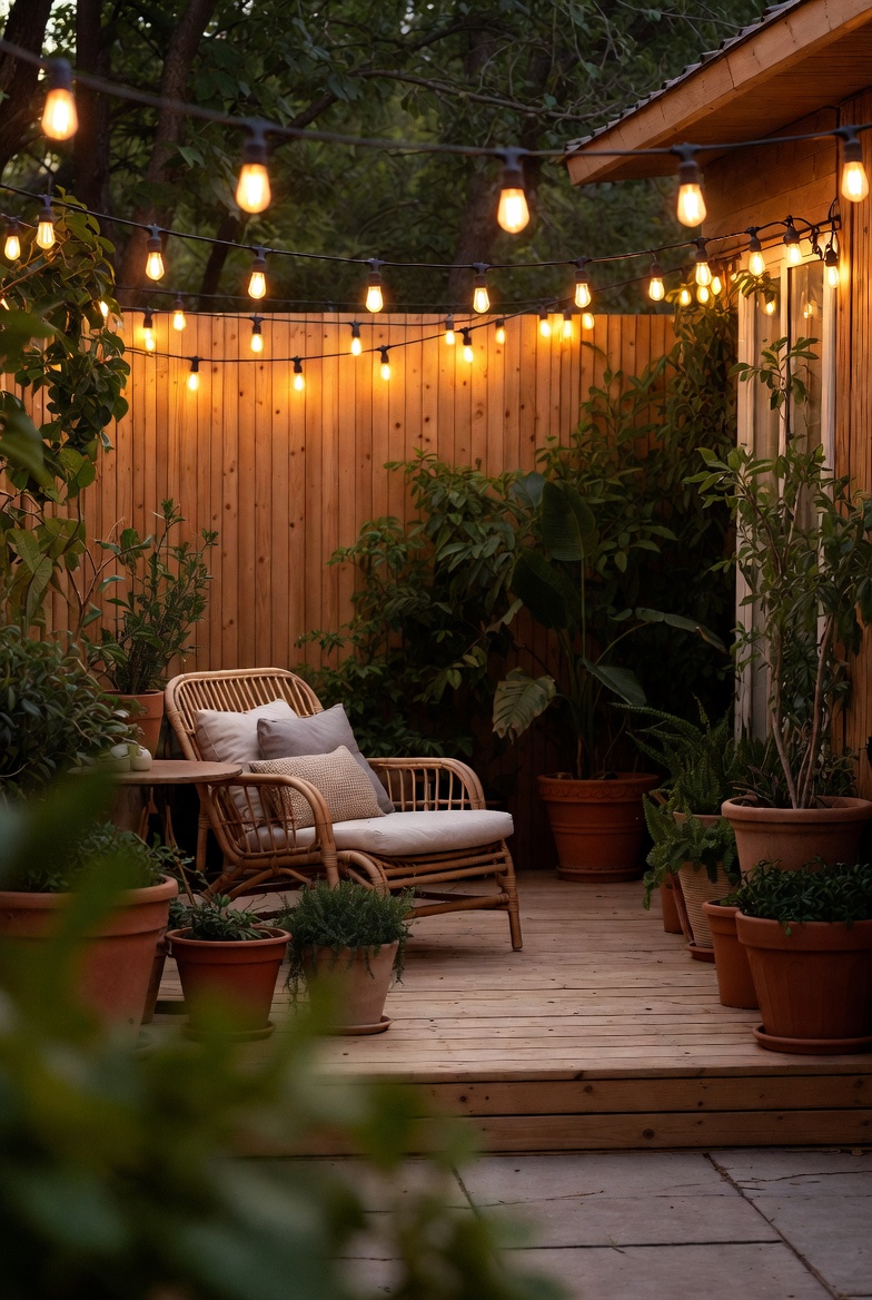 Outdoor and patio decor with string lights and natural furniture