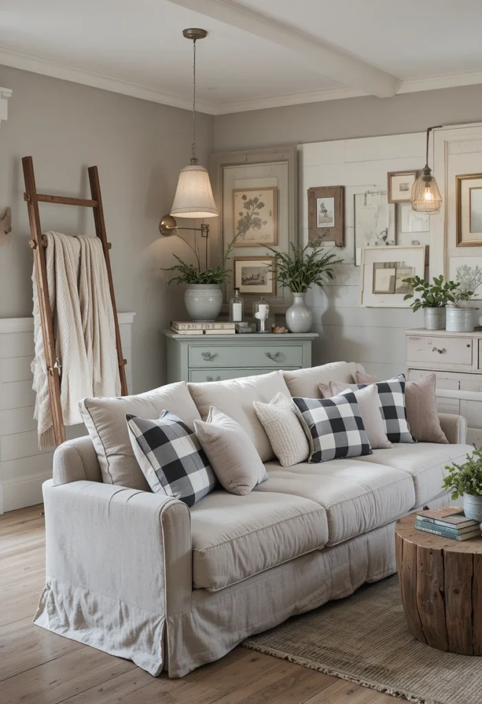 Budget-friendly farmhouse style decor with shiplap, mason jars, and warm layered lighting