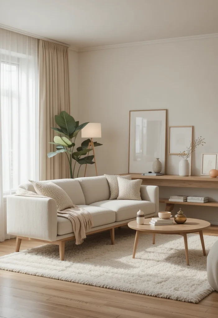 Minimalist apartment decor ideas with warm neutral tones, natural textures, and calm styling