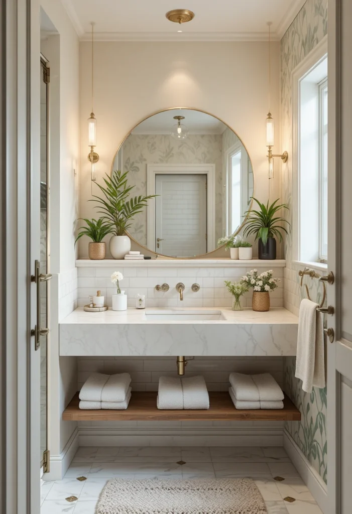 small bathroom decor ideas featuring oversized mirrors, floating shelves, and layered lighting to make a tiny space feel bigger