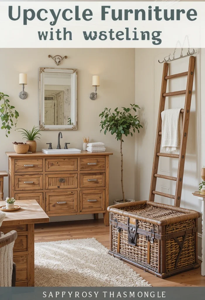 14 upcycled furniture ideas featuring a dresser vanity, pallet bench, and repurposed doors that transform trash into treasure