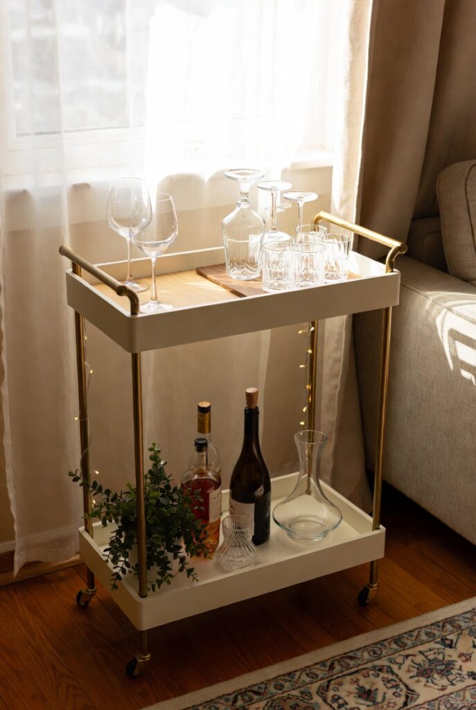 15 tiny bar cart ideas featuring narrow carts, glass Lucite designs, and styled shelves that pour big style in small spaces