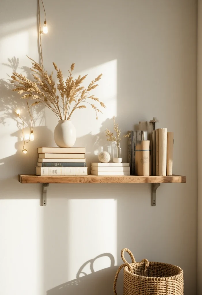 13 DIY shelf decor ideas featuring thrifted books, woven baskets, and layered vignettes that look expensive but cost little