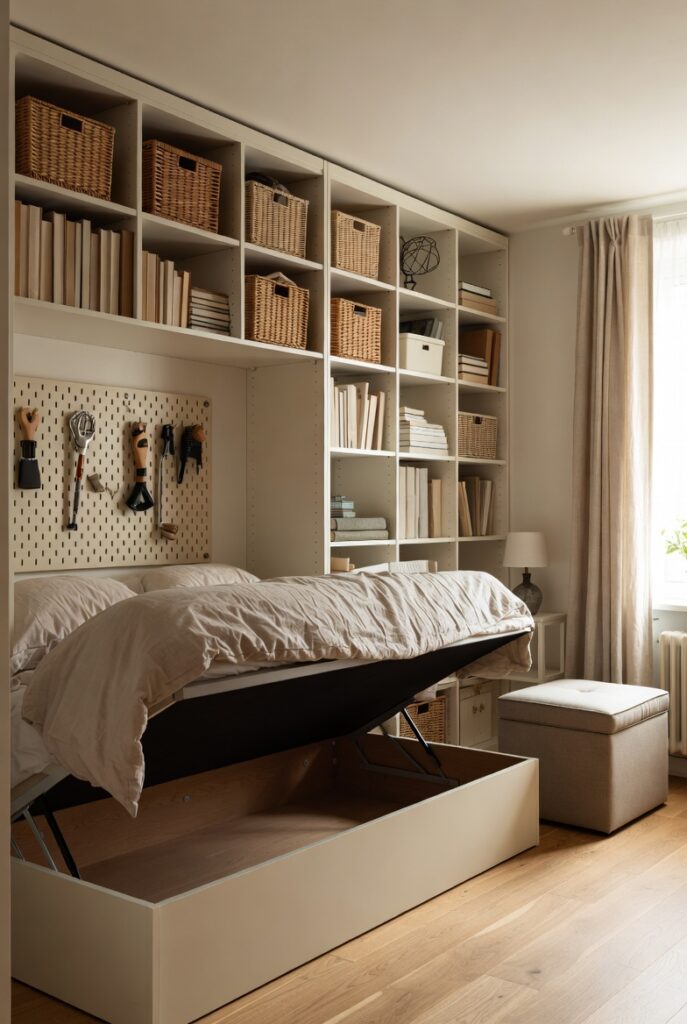 14 tiny space storage ideas featuring storage beds, pegboards, and floor-to-ceiling shelving to instantly declutter any room