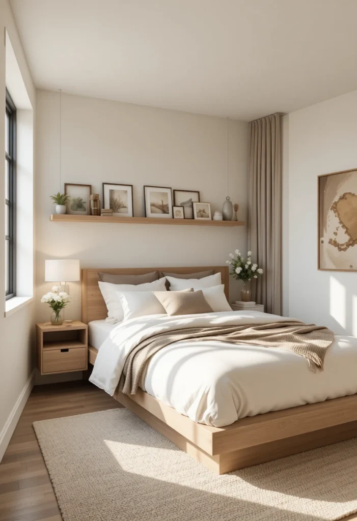 15 small bedroom decor ideas featuring storage beds, wall-mounted shelves, and cozy layered lighting to maximize every inch